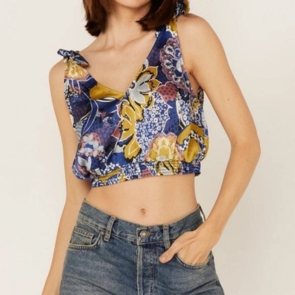Free People Blue and Purple Crop top  Tie Front Tank Top